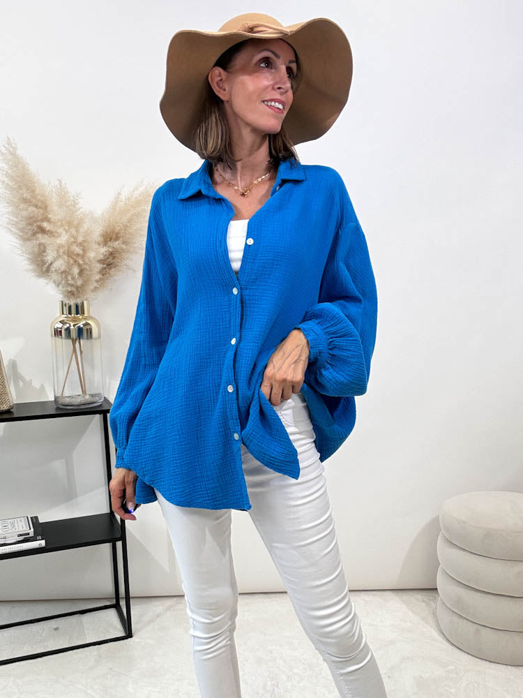 "Waffle Midi" kurze Bluse aus Baumwolle (Musselin)- blau