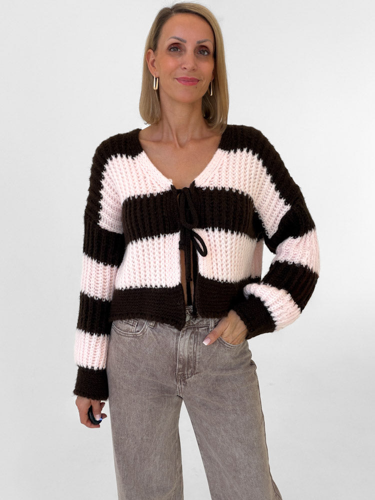 "Malibu Stripes" weicher Cardigan mit Schleifen - braun/rosa