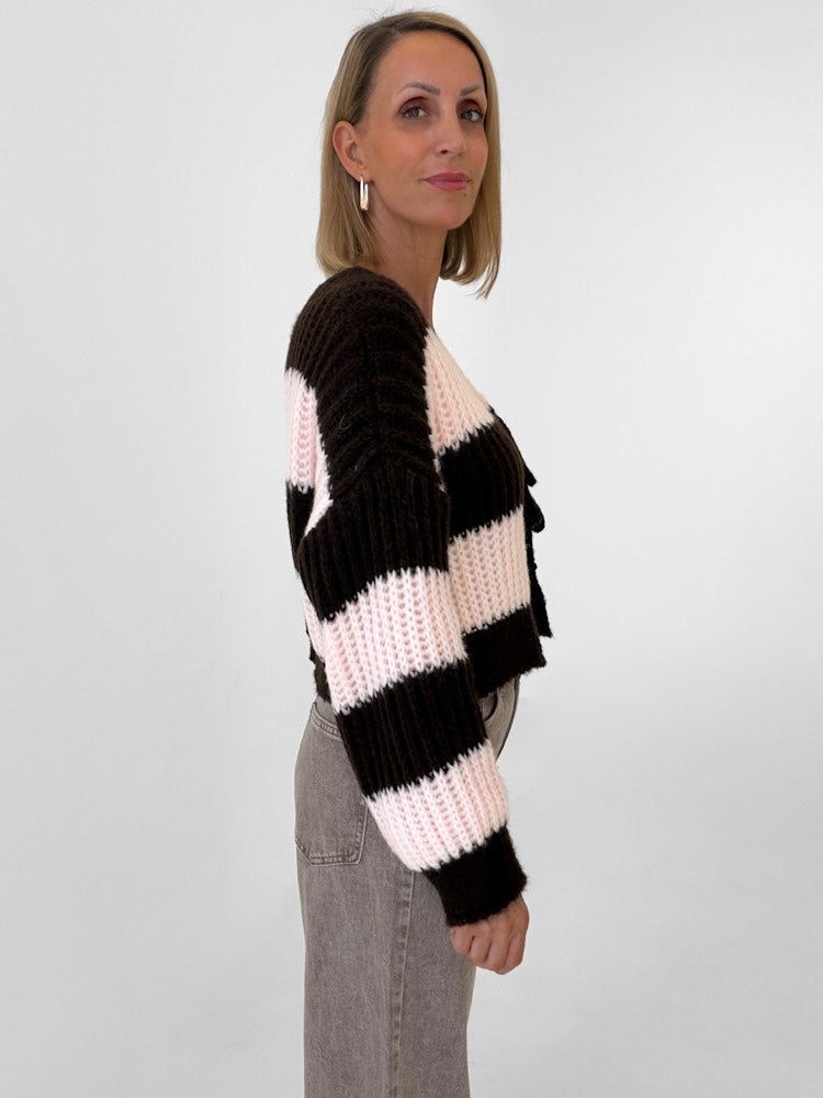 "Malibu Stripes" weicher Cardigan mit Schleifen - braun/rosa