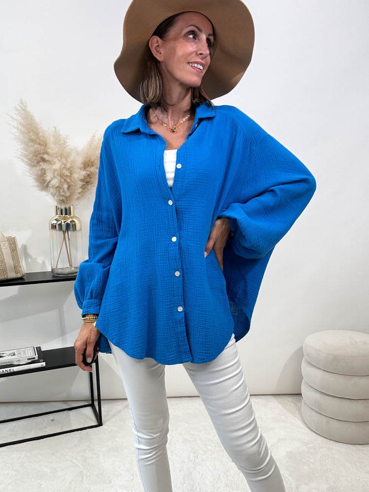 "Waffle Midi" kurze Bluse aus Baumwolle (Musselin)- blau