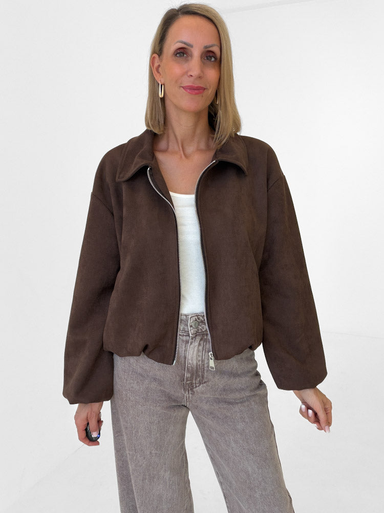 "Mona" weiche Jacke in Velourleder Optik  - chocobraun