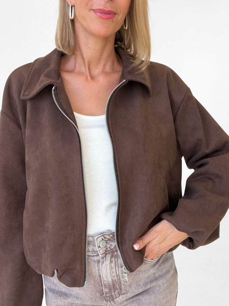 "Mona" weiche Jacke in Velourleder Optik  - chocobraun