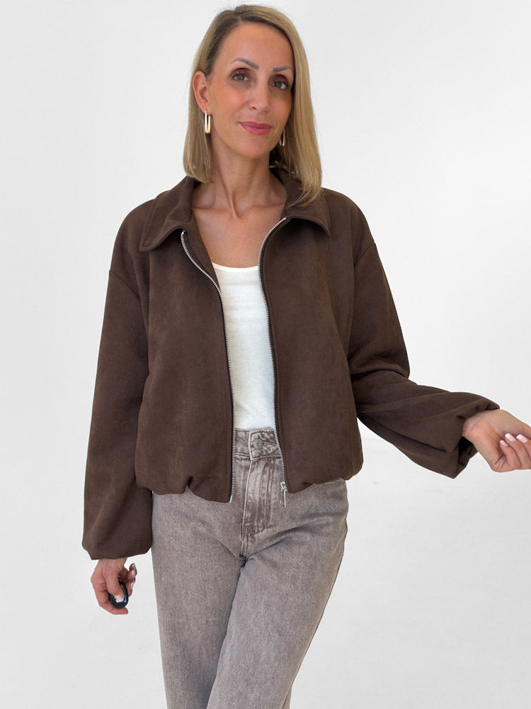 "Mona" weiche Jacke in Velourleder Optik  - chocobraun
