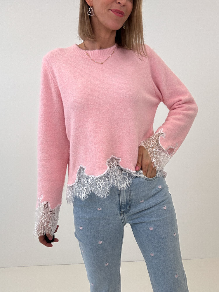 "Hearts & Denim" Mom Fit Jeans mit rosa Herzen - blau/rosa