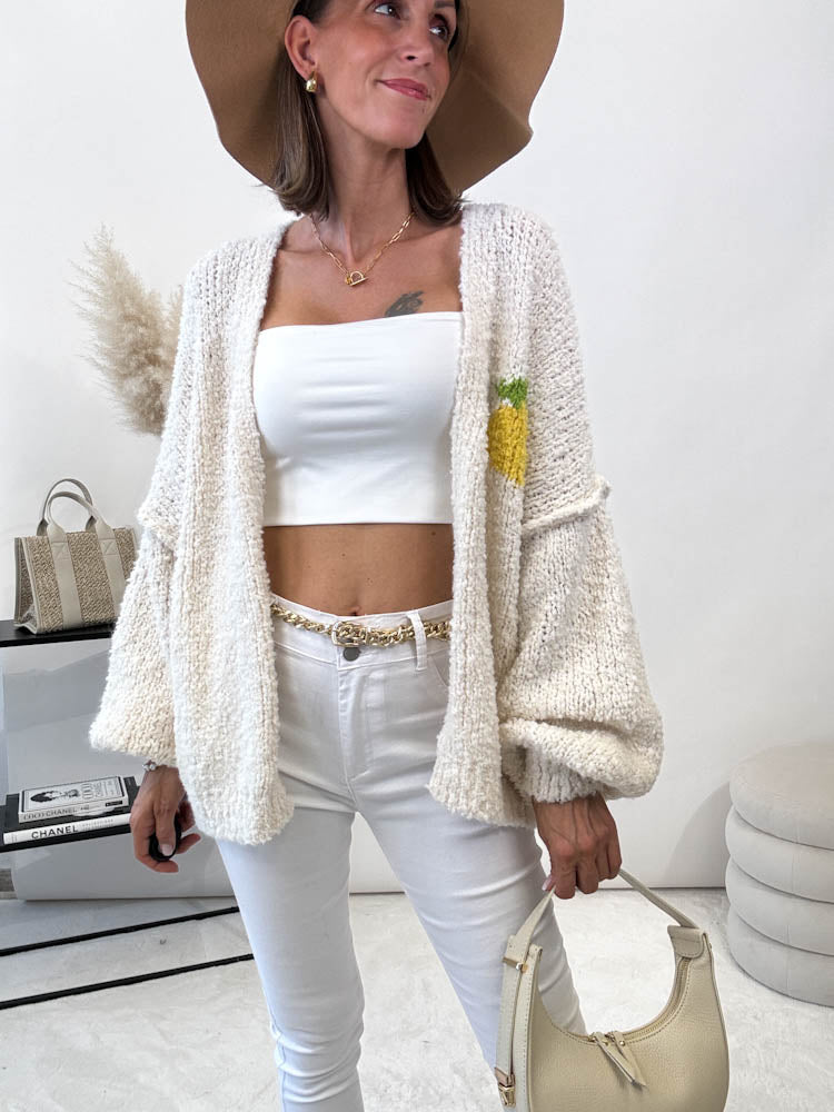 "Limon Cello" offener Bouclé Cardigan - creme