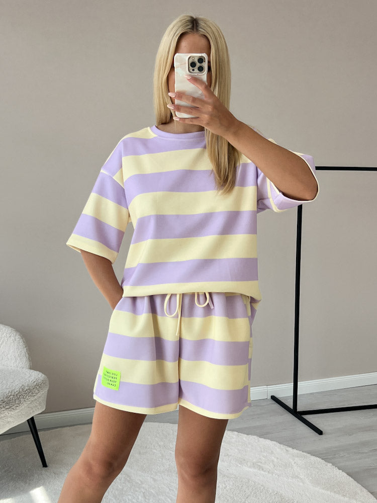 "Riva Stripes Set" Shirt & Short aus Viscose - hellgelb/flieder