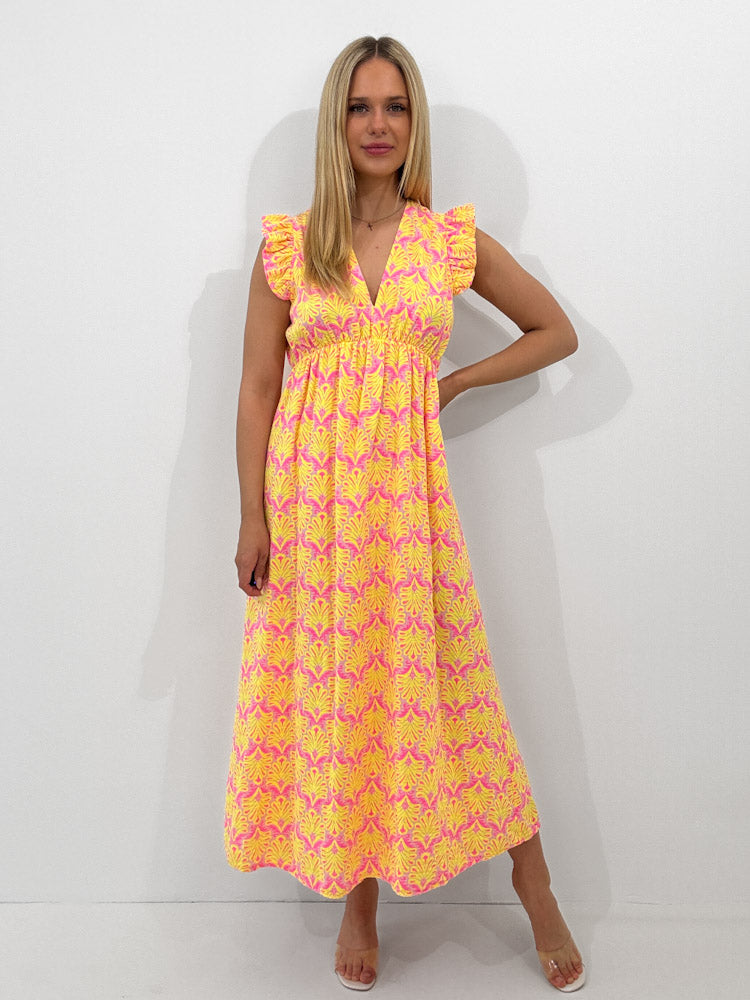 "Pianosa Tropical" - tolles Maxikleid aus Musselin - gelb/ rosa