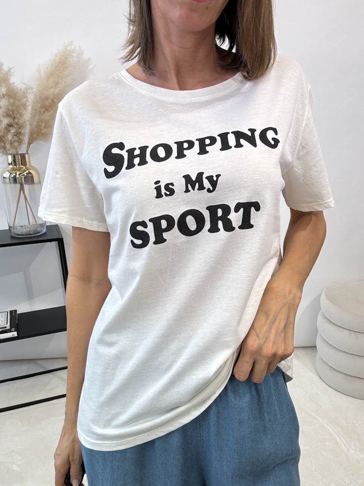 "Shopping is my Sport" Shirt - weiß/schwarz
