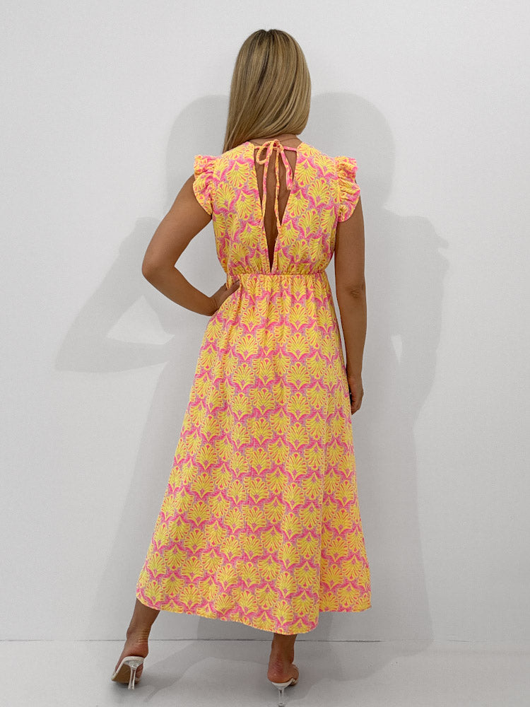 "Pianosa Tropical" - tolles Maxikleid aus Musselin - gelb/ rosa