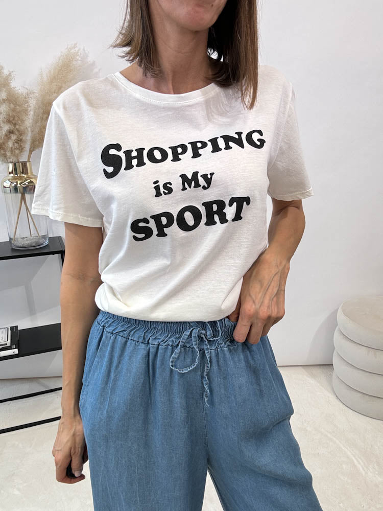 "Shopping is my Sport" Shirt - weiß/schwarz