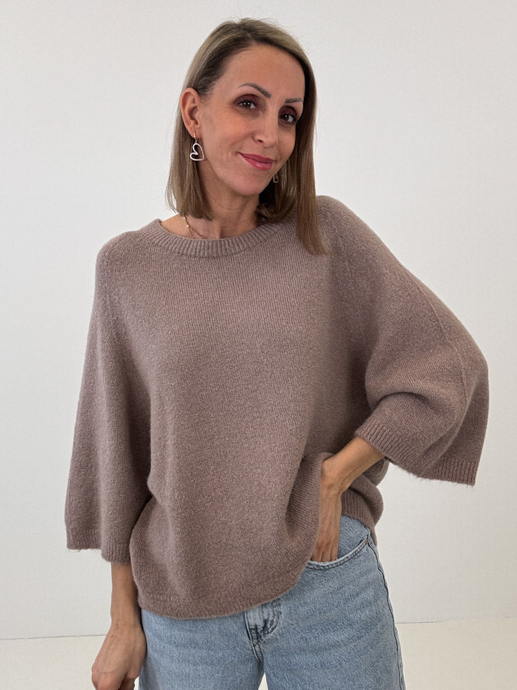 "Lana Spring" weicher Alpaka Pullover mit 3/4 Ärmeln - mocca