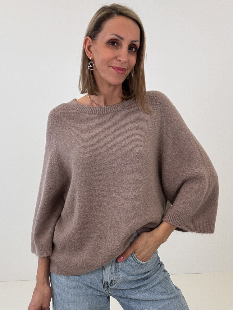 "Lana Spring" weicher Alpaka Pullover mit 3/4 Ärmeln - mocca