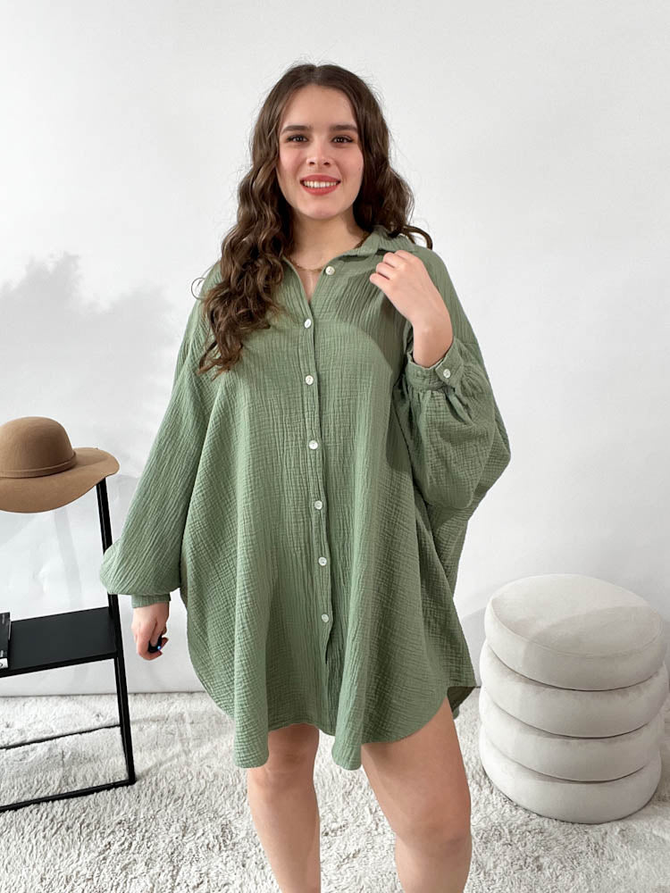 "Musselin Maxi" lange Oversize Bluse aus Baumwolle - matcha green