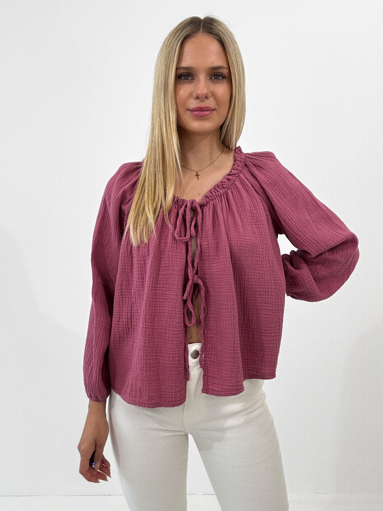 "Sweet Bow" Musselin Cardigan mit Schleifen - beere