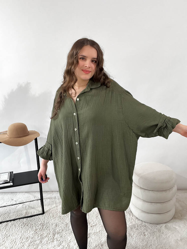"Musselin Maxi" lange Oversize Bluse aus Baumwolle - khaki