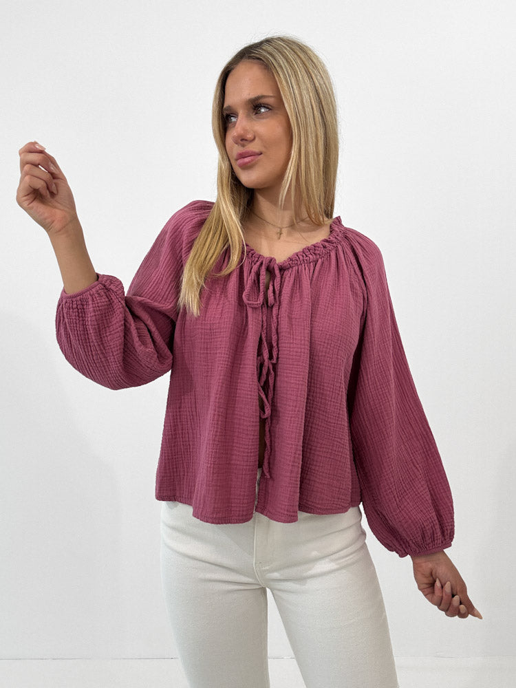 "Sweet Bow" Musselin Cardigan mit Schleifen - beere
