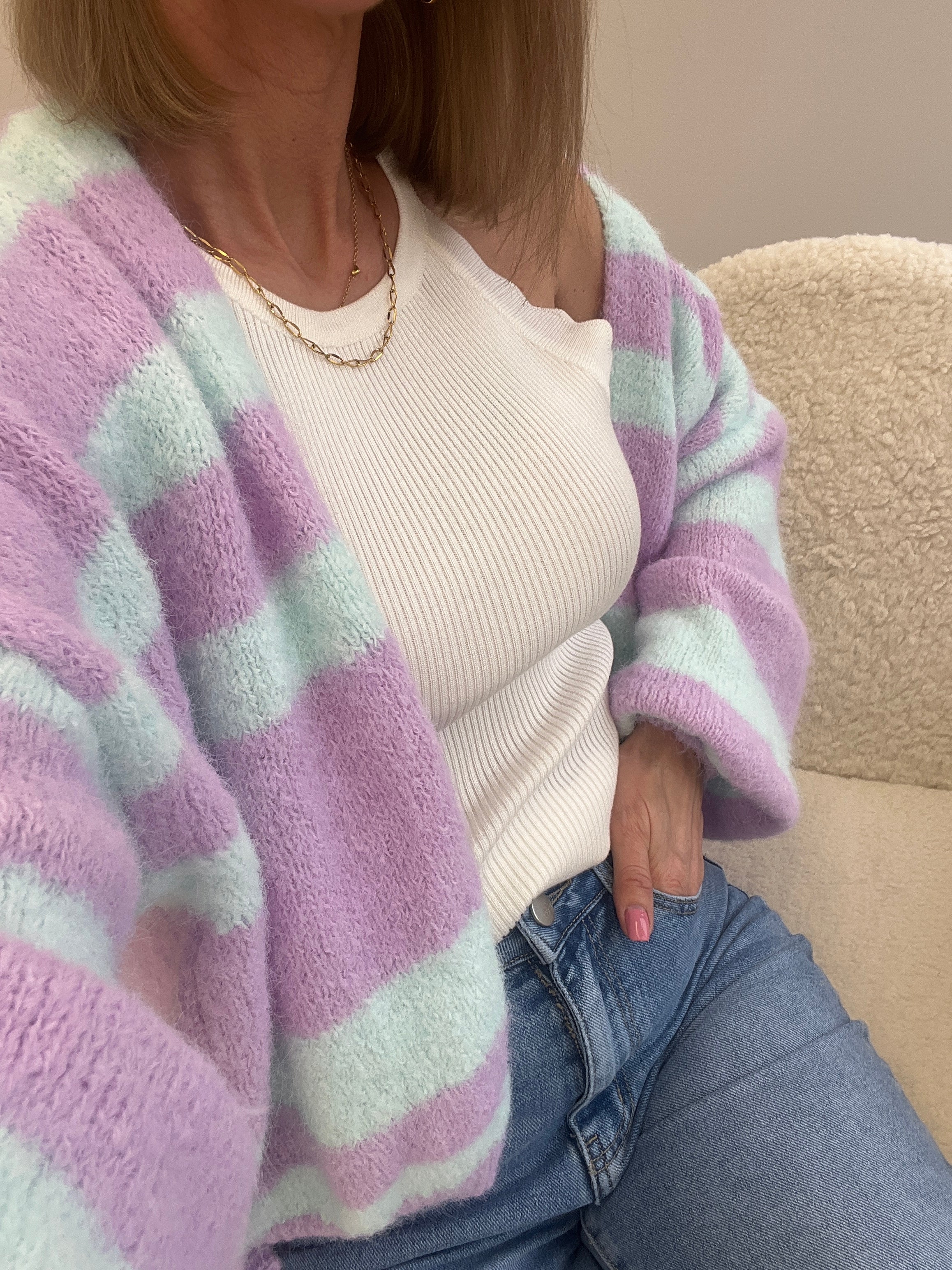 "Denver Stripes" weicher Cardigan mit Lana Wolle - flieder/ mint