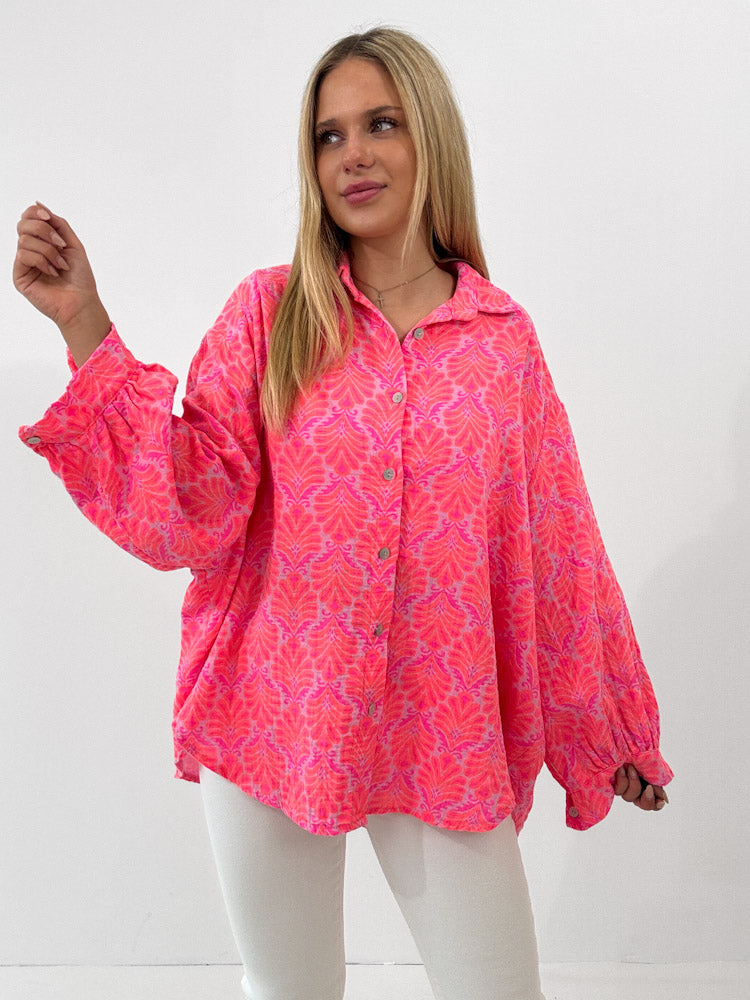 "Musselin Tropical" Bluse aus Baumwolle - coral/ pink