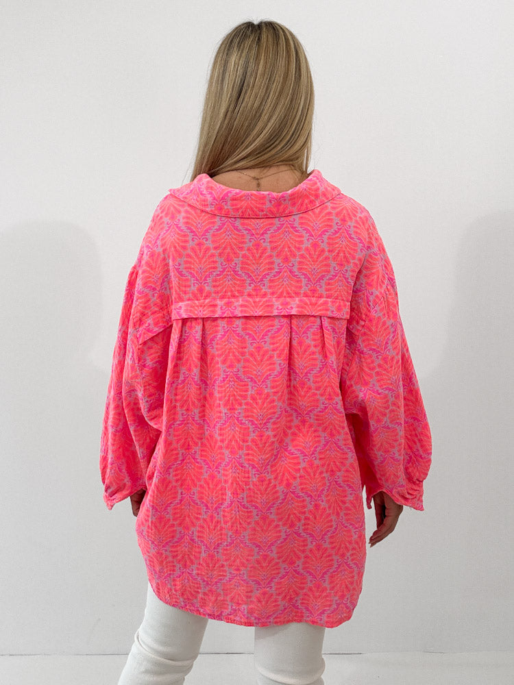 "Musselin Tropical" Bluse aus Baumwolle - coral/ pink