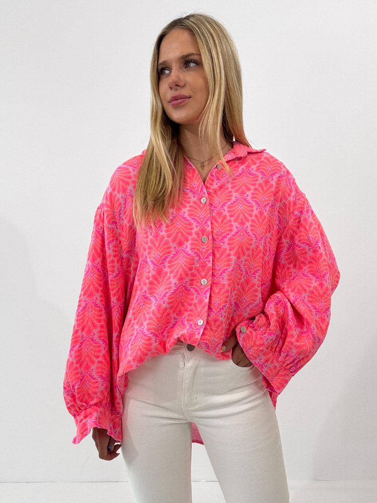 "Musselin Tropical" Bluse aus Baumwolle - coral/ pink