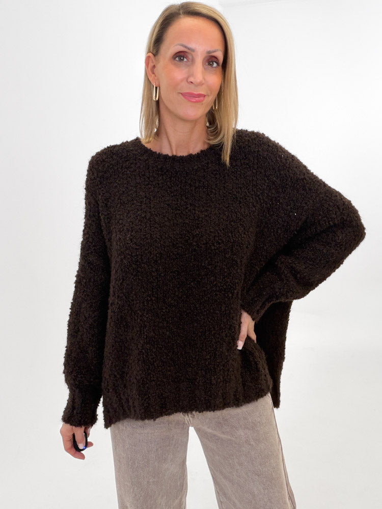 "Bouclé" weicher Oversize Pullover mit Viskose & Alpaka Wolle - dunkelbraun