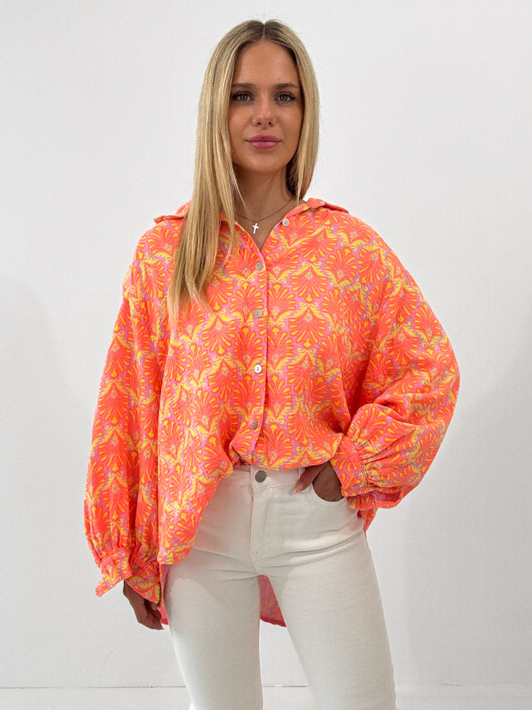 "Musselin Tropical" Bluse aus Baumwolle - orange/ gelb