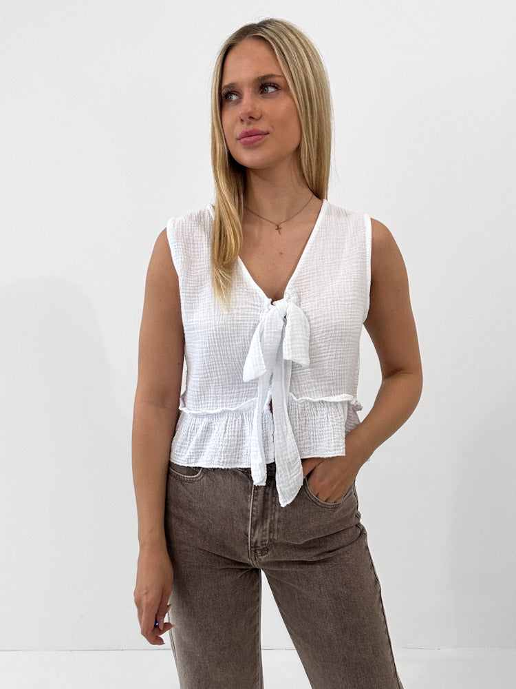 "Bella Bow" Musselin Top aus Baumwolle - weiß