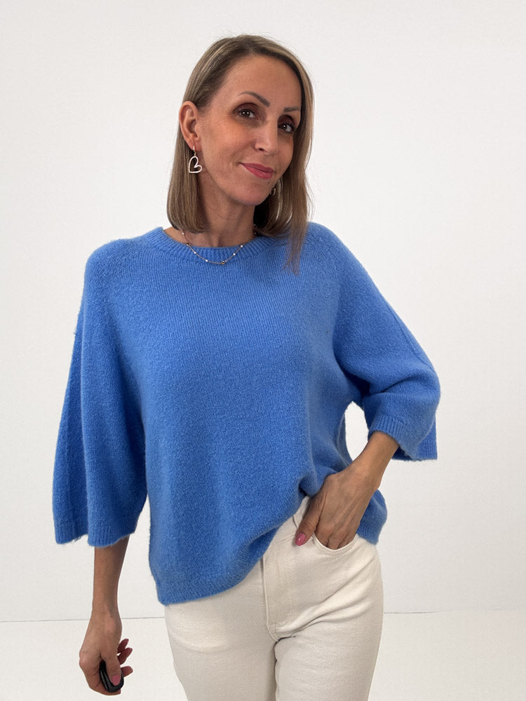 "Lana Spring" weicher Alpaka Pullover mit 3/4 Ärmeln - blau