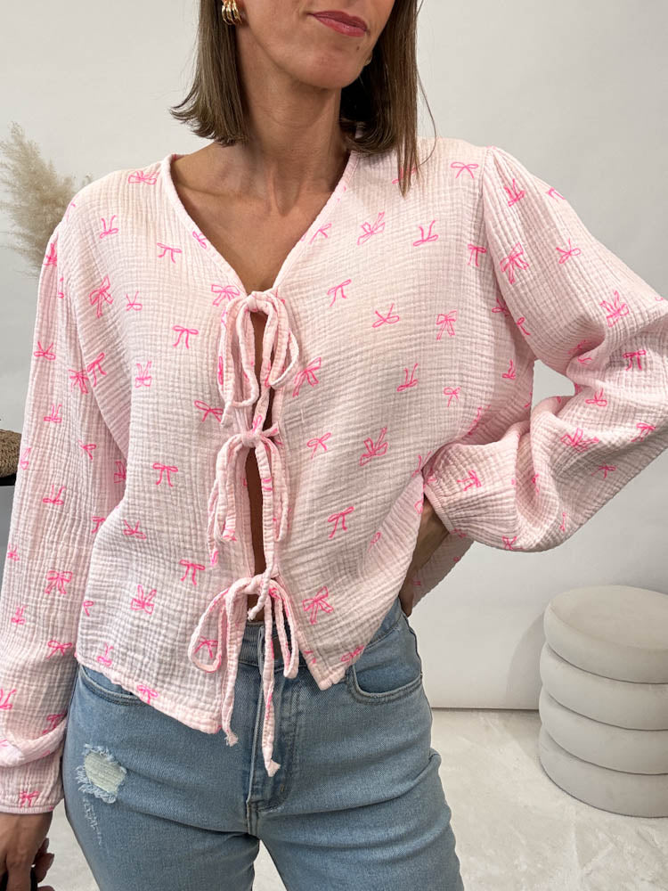 "Waffle Bow" Bluse mit Schleife (Musselin) - rosa