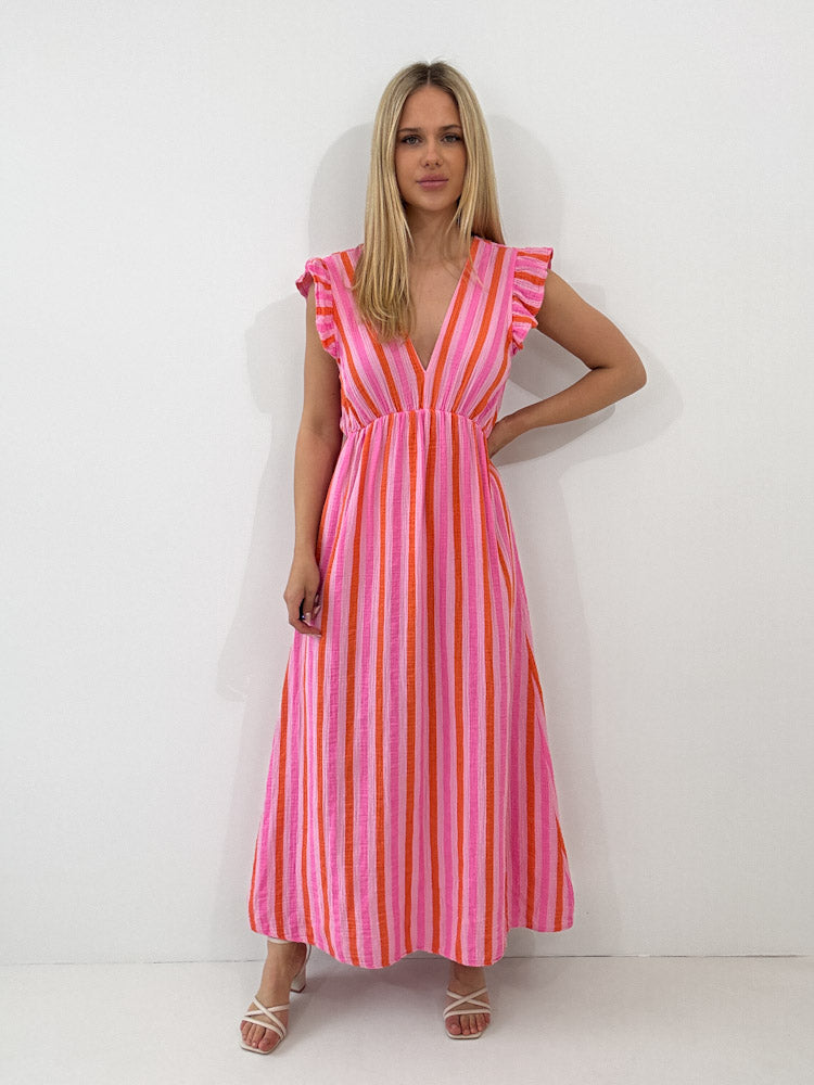 "Pianosa Stripes" Maxikleid aus Musselin - rosa/orange