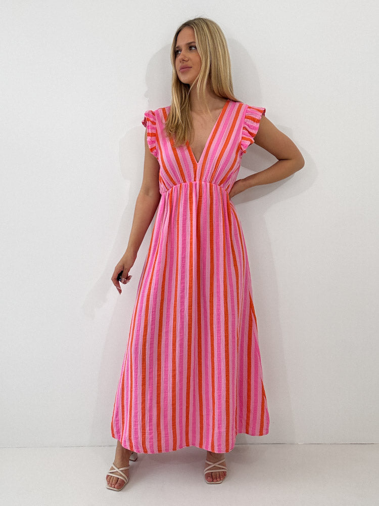 "Pianosa Stripes" Maxikleid aus Musselin - rosa/orange