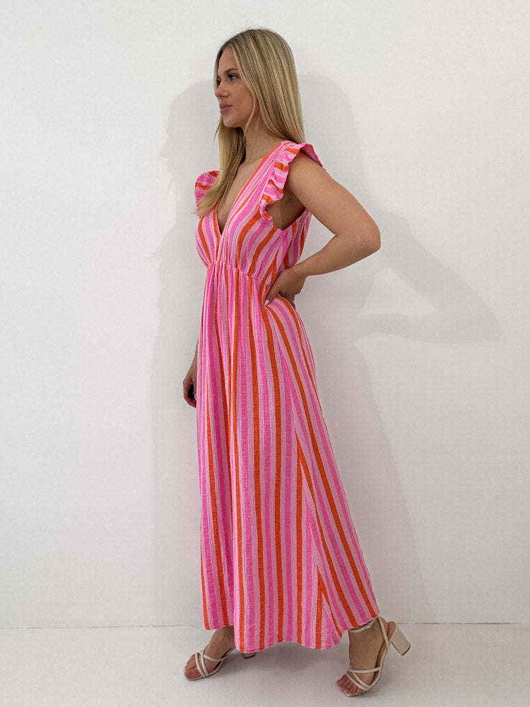 "Pianosa Stripes" Maxikleid aus Musselin - rosa/orange
