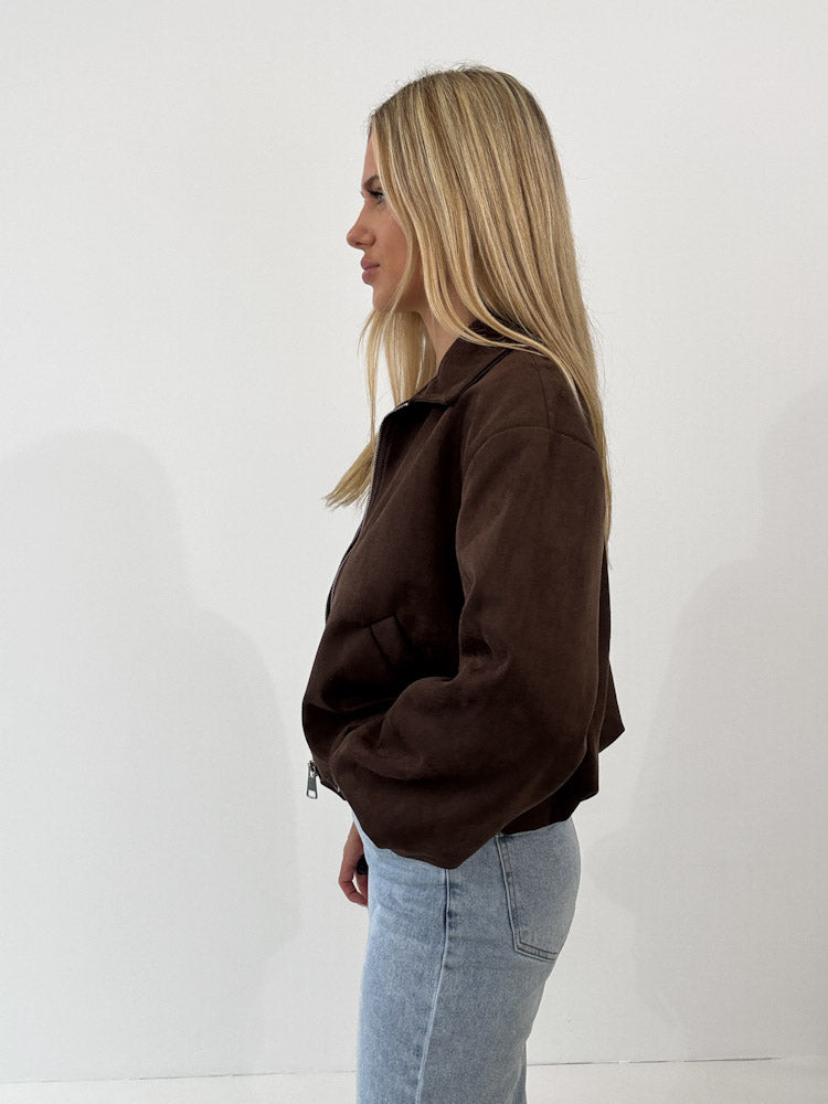 "Mona" weiche Jacke in Velourleder Optik  - chocobraun