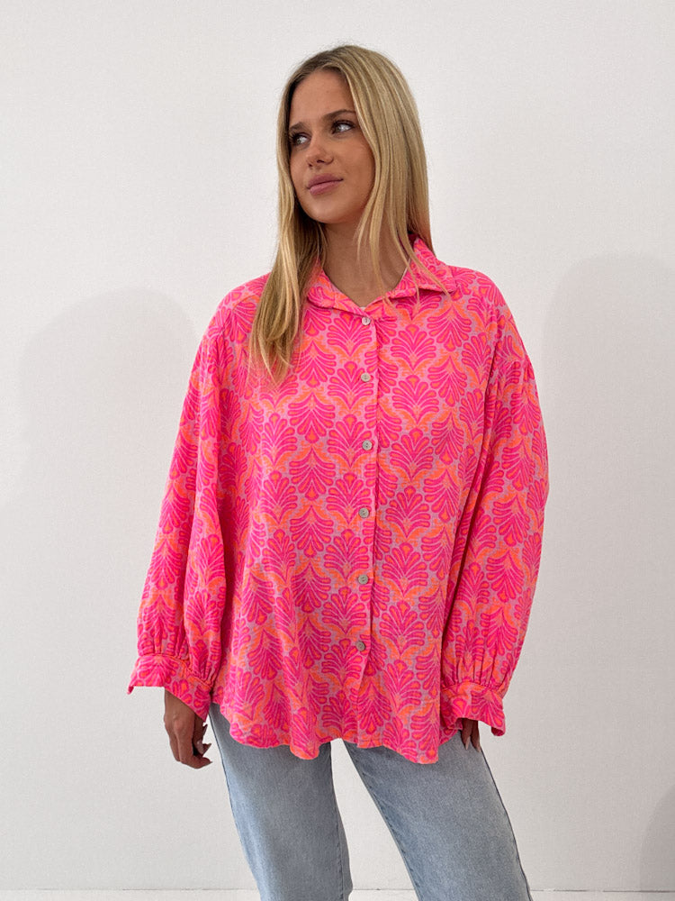 "Musselin Tropical" Bluse aus Baumwolle - pink/ orange