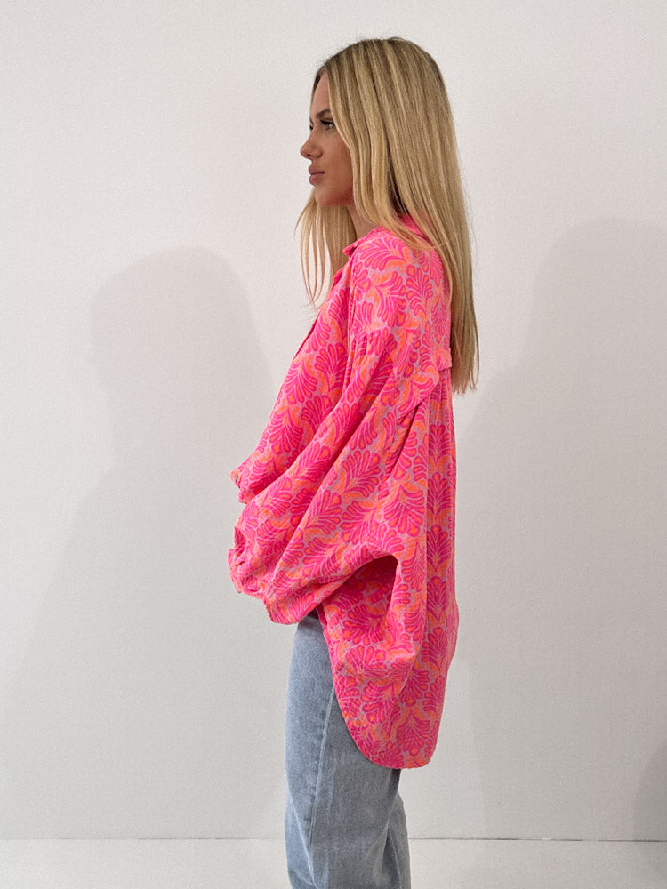 "Musselin Tropical" Bluse aus Baumwolle - pink/ orange