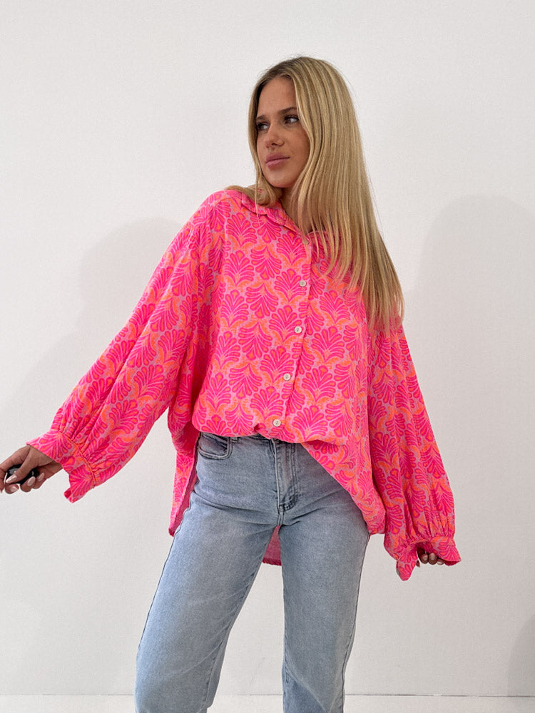 "Musselin Tropical" Bluse aus Baumwolle - pink/ orange
