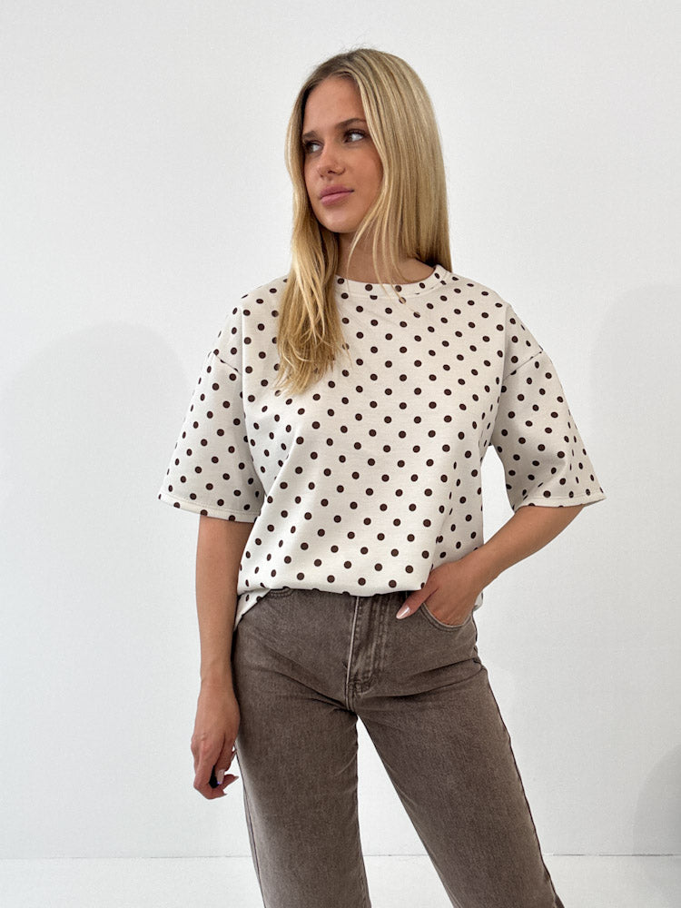 "Polka Dottie" weiches T-Shirt aus Viscose - beige/braun