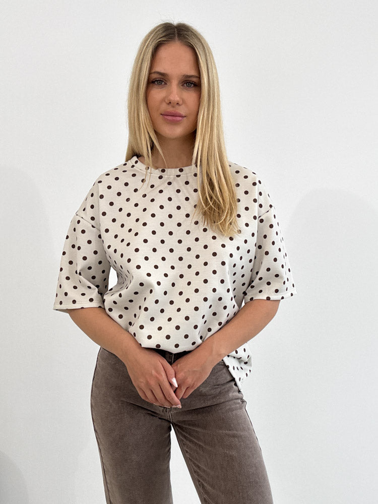 "Polka Dottie" weiches T-Shirt aus Viscose - beige/braun