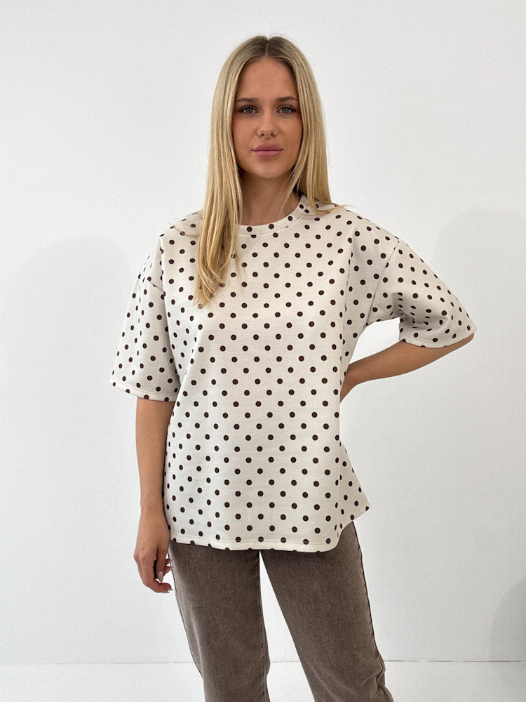 "Polka Dottie" weiches T-Shirt aus Viscose - beige/braun