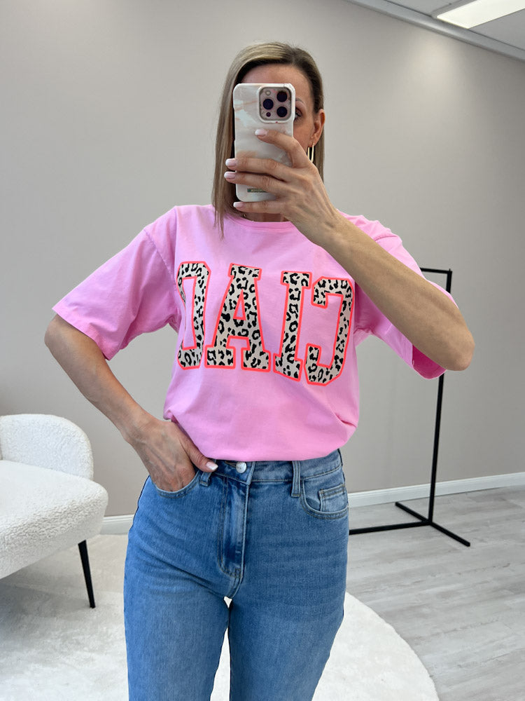 "Ciao" Shirt mit Statement in Leoprint - cotton candy