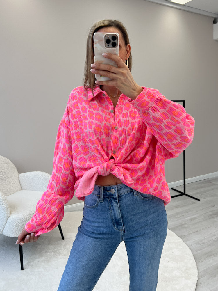 "Waffle 2.0 Leo Midi" kurze Musselinbluse - glowy pink
