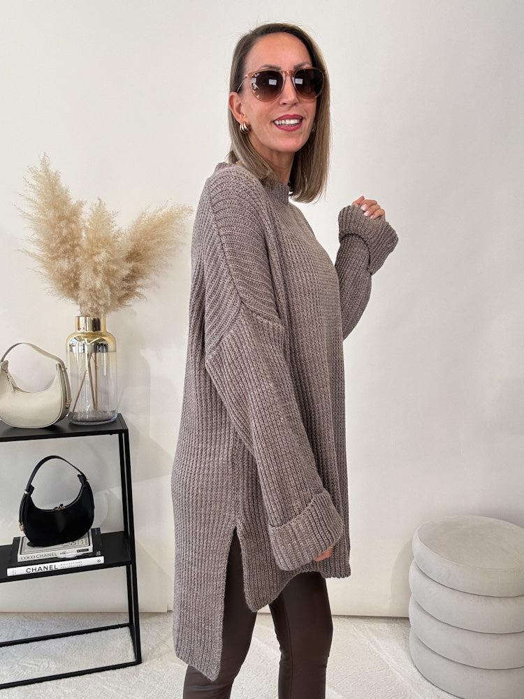 Strickpullover mit Schlitz - mocca