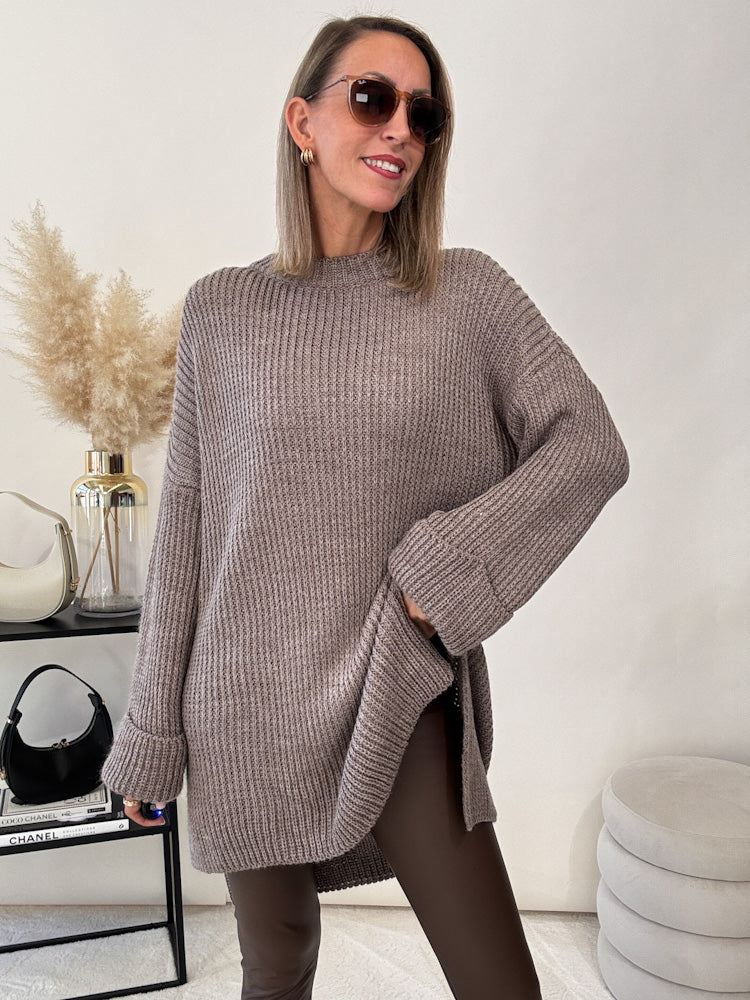 Strickpullover mit Schlitz - mocca