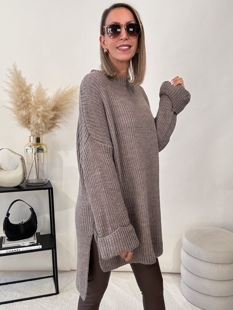 Strickpullover mit Schlitz - mocca