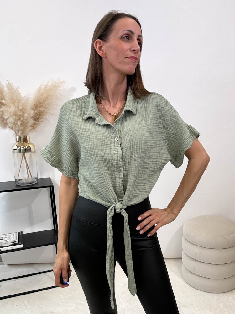 "Musselin" kurze Bluse aus Baumwolle - matcha green