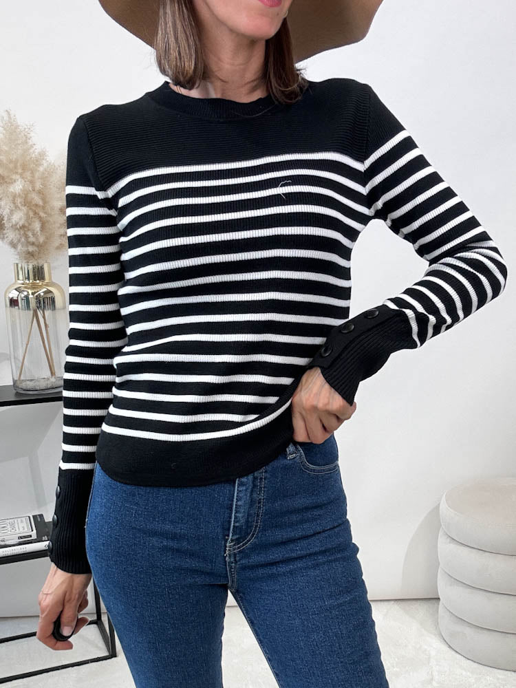 "Nella" gestreifter Viscose Pulli - schwarz