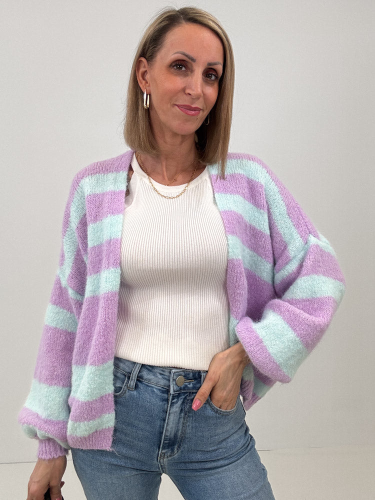 "Denver Stripes" weicher Cardigan mit Lana Wolle - flieder/ mint