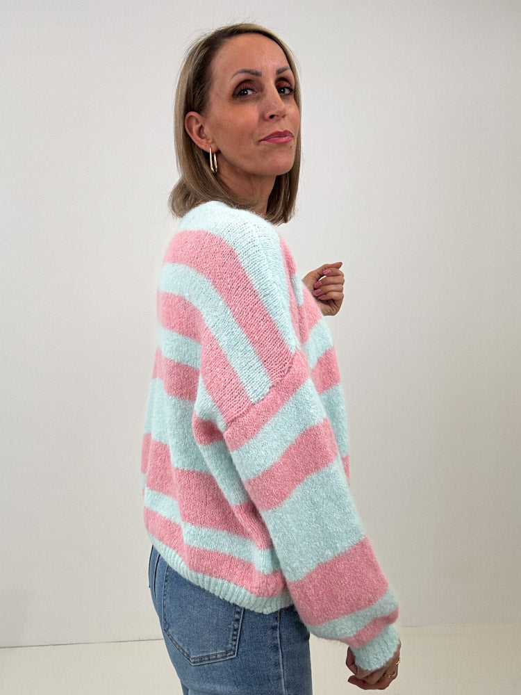 "Denver Stripes" weicher Cardigan mit Lana Wolle - türkis/rosa
