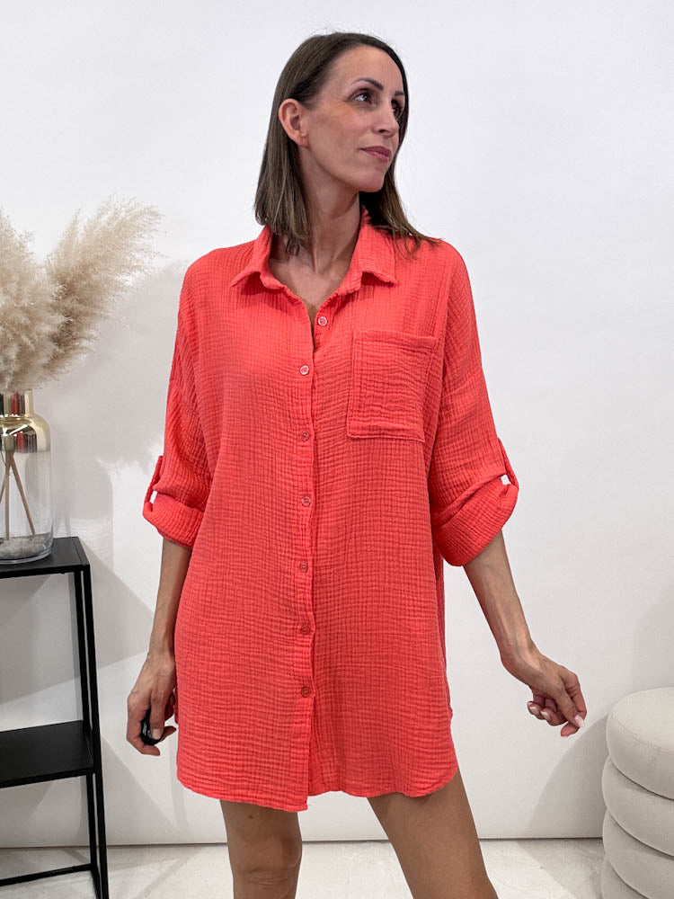 "Waffle Shirt" Bluse aus Musselin - coral