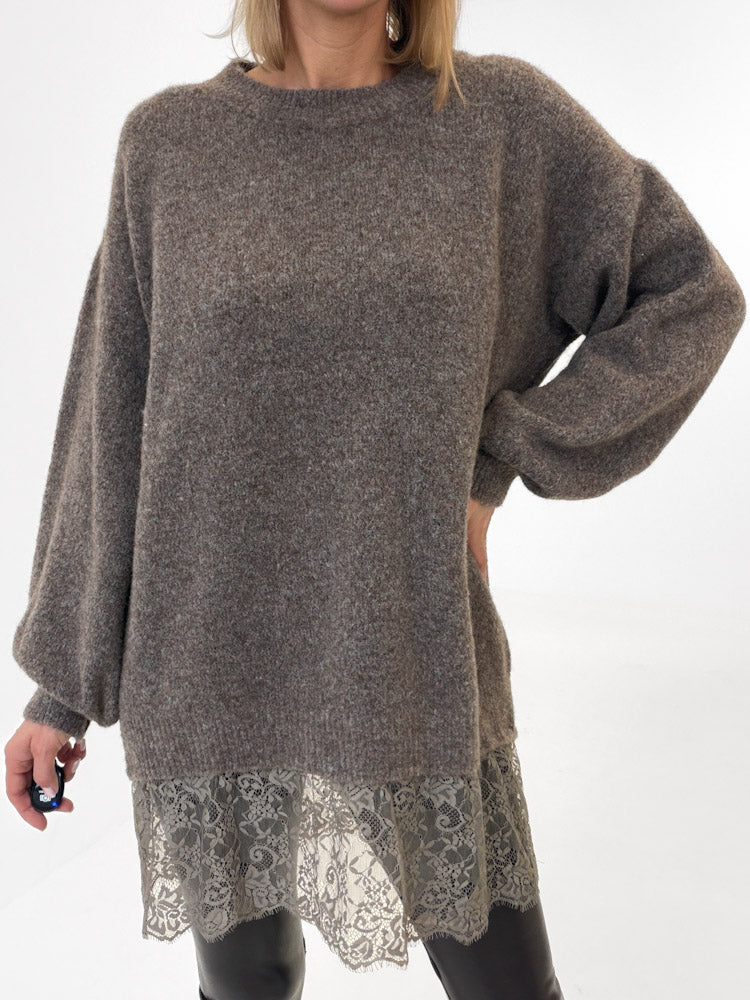 "Suna" langer Pullover mit Spitzendetails aus Alpaka Wolle - mocca